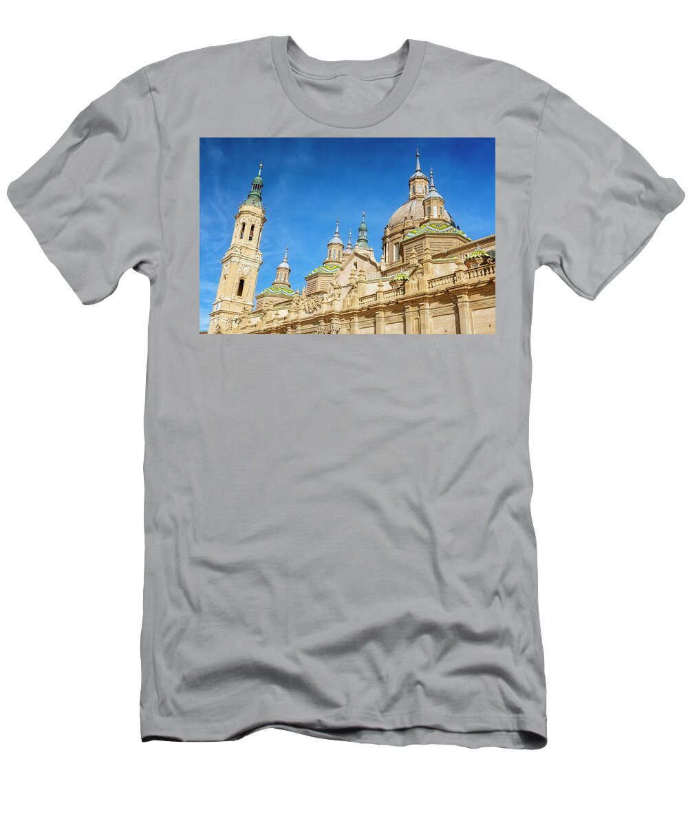 Joan Carroll T-Shirt featuring the photograph Domes and Towers Zaragoza Spain Cathedral by Joan Carroll