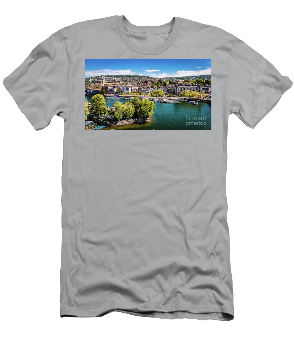 Zurich T-Shirt featuring the photograph Downtown Zurich, along the Limmat, Switzerland by Lyl Dil Creations