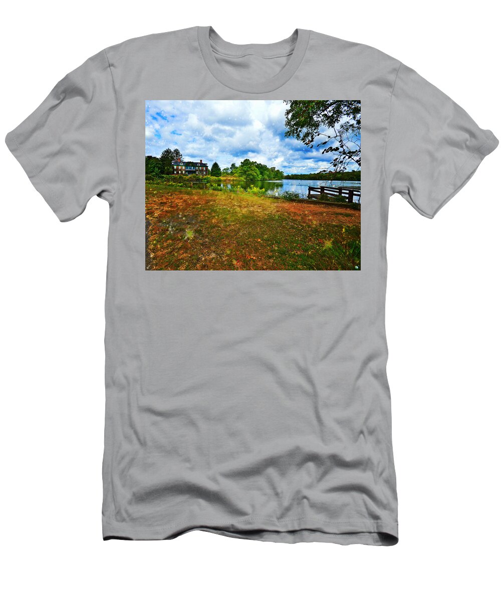 Mansion T-Shirt featuring the mixed media Dreamy Day on the Lake by Stacie Siemsen