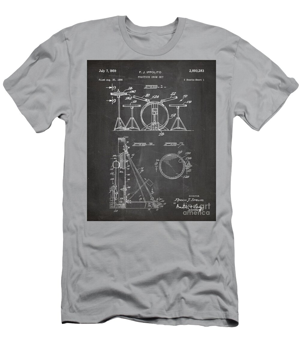 Drum Set T-Shirt featuring the digital art Drum Set Patent, Drummer Art - Chalkboard by Patent Press