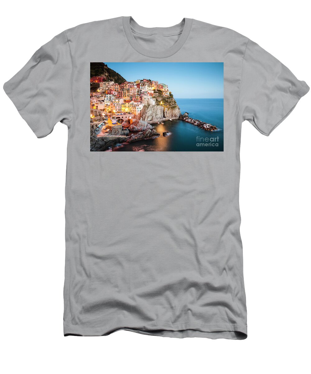 Cinque Terre T-Shirt featuring the photograph Dusk in Manarola, Cinque Terre, Liguria, Italy by Matteo Colombo