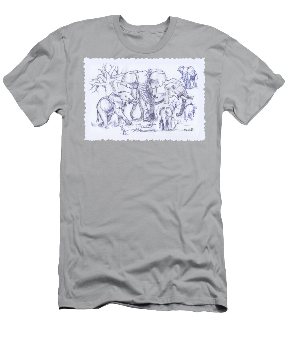 Nairobi T-Shirt featuring the drawing Elephant and Cattle Egrets Sketches by Anthony Mwangi