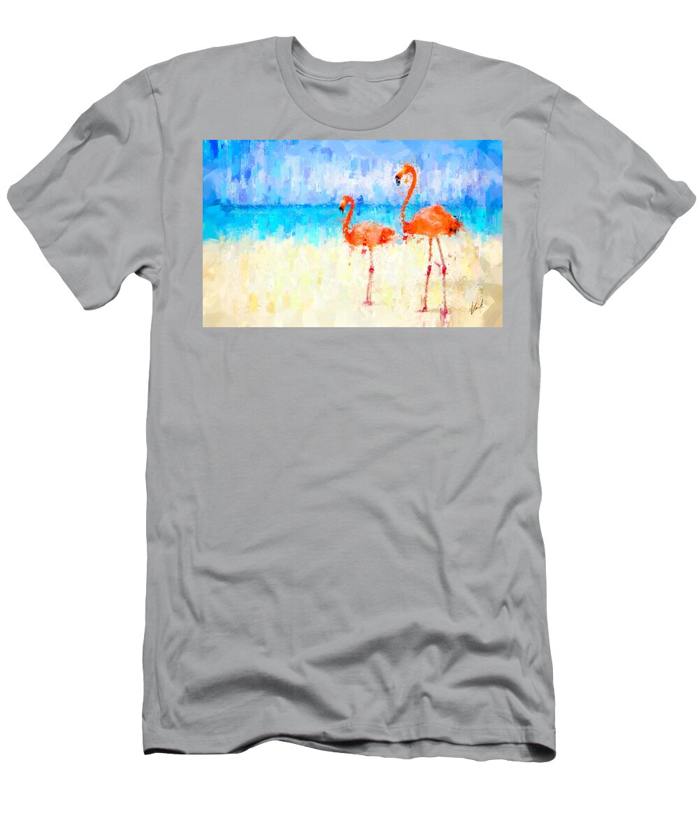 Flamingos T-Shirt featuring the painting Flamingos by Vart Studio