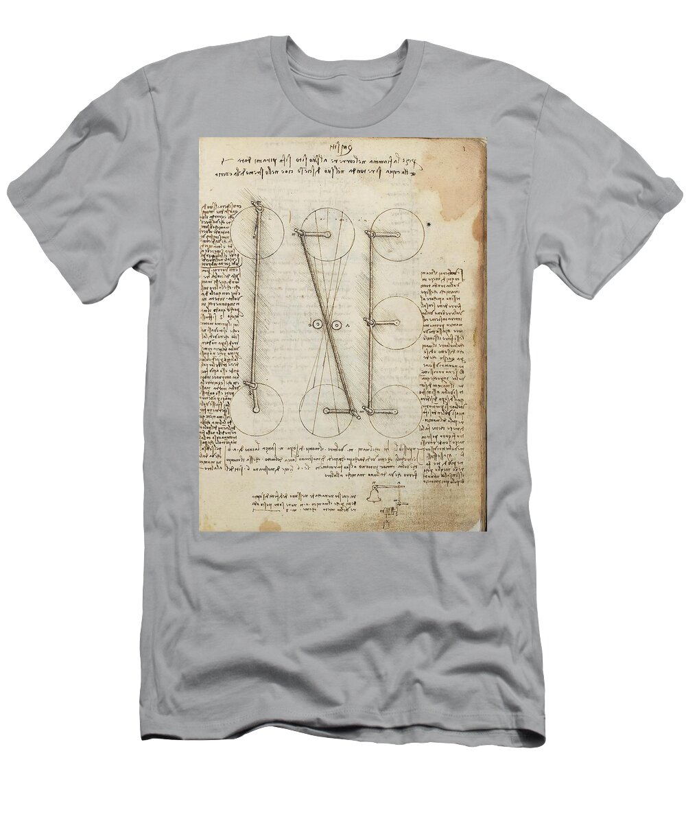 Codex Madrid I T-Shirt featuring the drawing Folio f 1r. Codex Madrid I -Ms. 8937- 'Treaty of statics and mechanics', 192 folios with 384 page... by Leonardo da Vinci -1452-1519-
