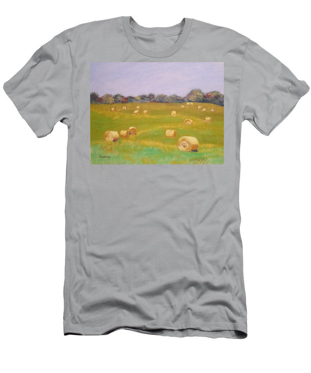 Hay Bale T-Shirt featuring the pastel Follow the Yellow Bale Road by Nancy Beauchamp