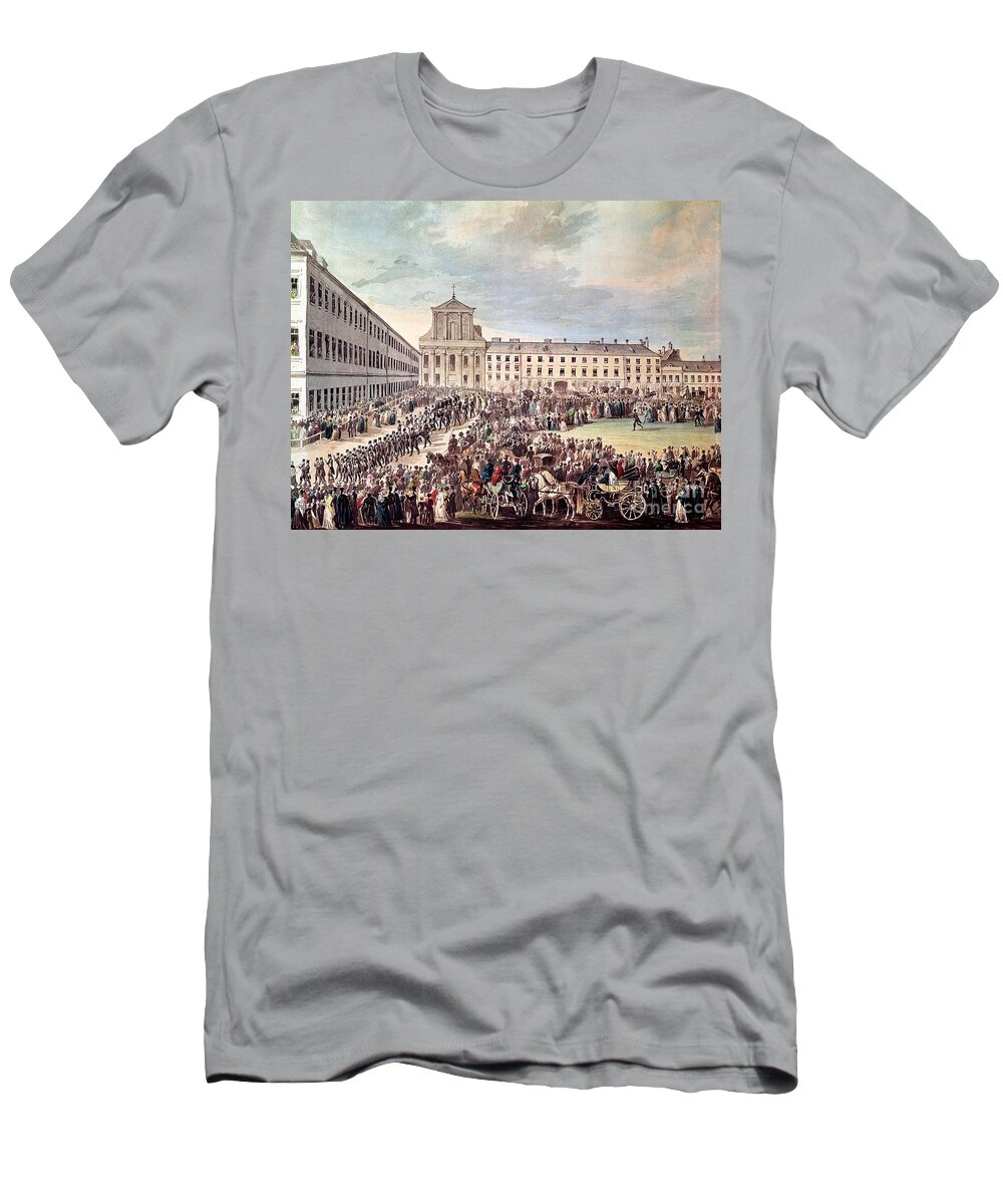 Carriage T-Shirt featuring the painting Funeral Of Ludwig Van Beethoven by Franz Stober