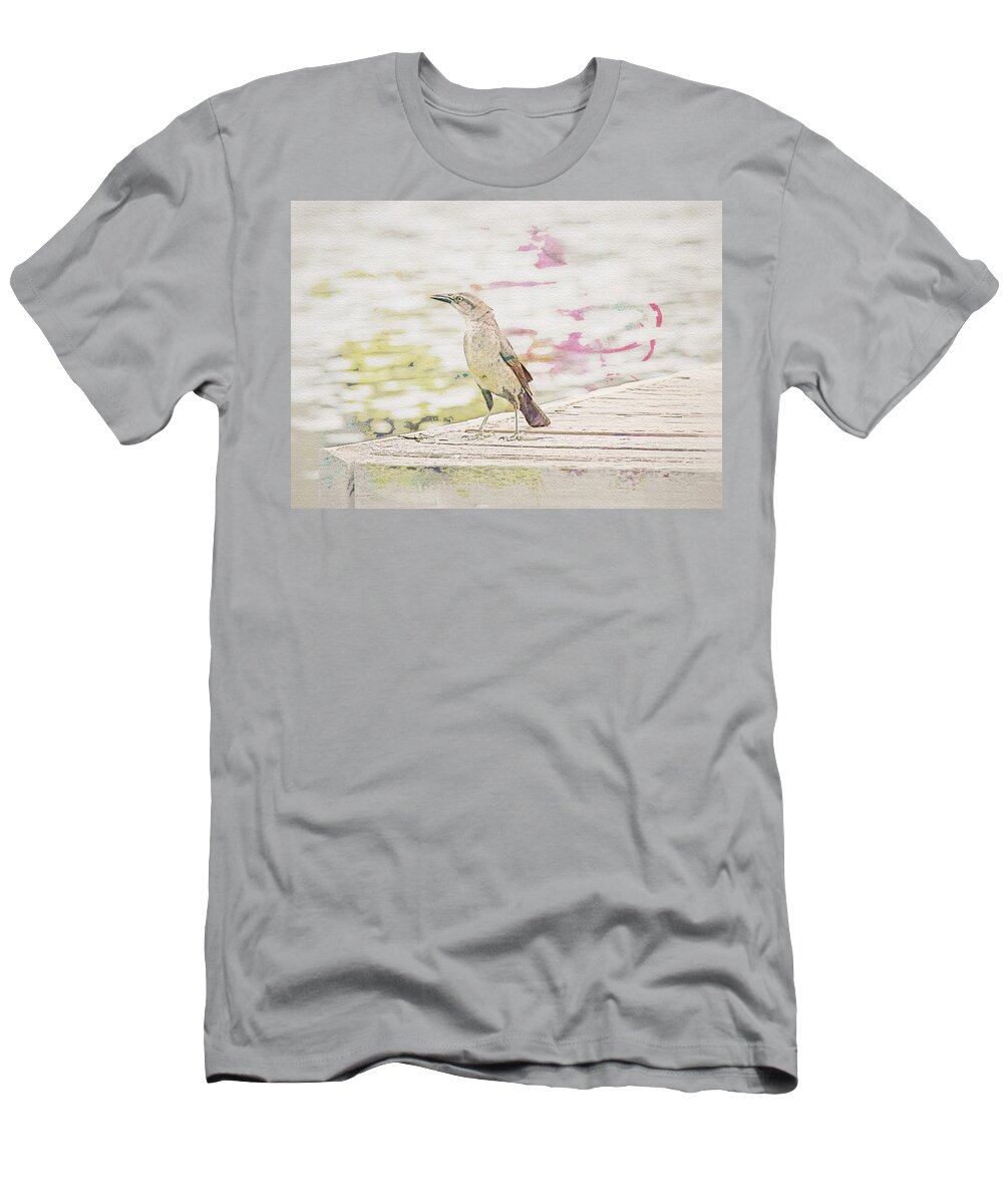 Dock T-Shirt featuring the photograph Grackle on a Dock Watercolor by Alison Frank