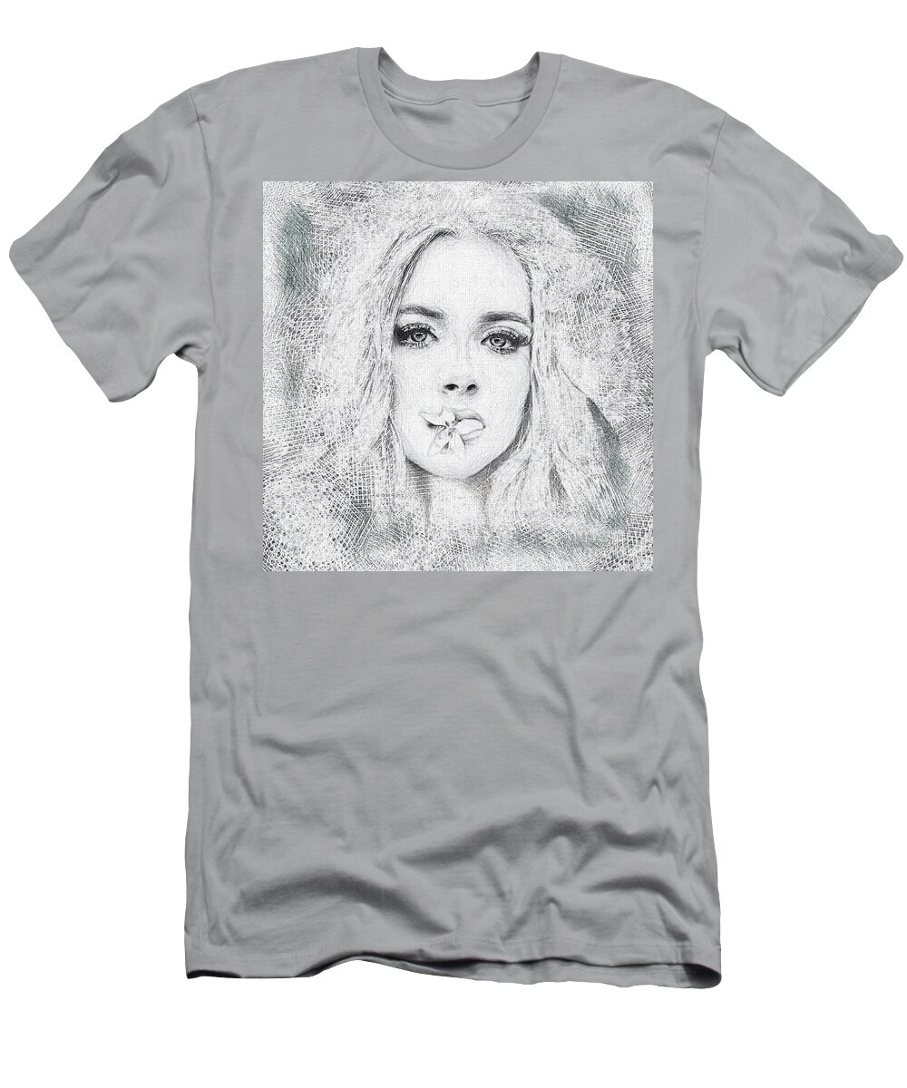  T-Shirt featuring the photograph Gray Girl With a Flower In Her Mouth by Jack Torcello