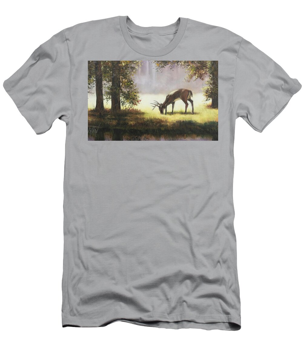 Grazing Deer T-Shirt featuring the painting Grazing deer by Lynne Pittard