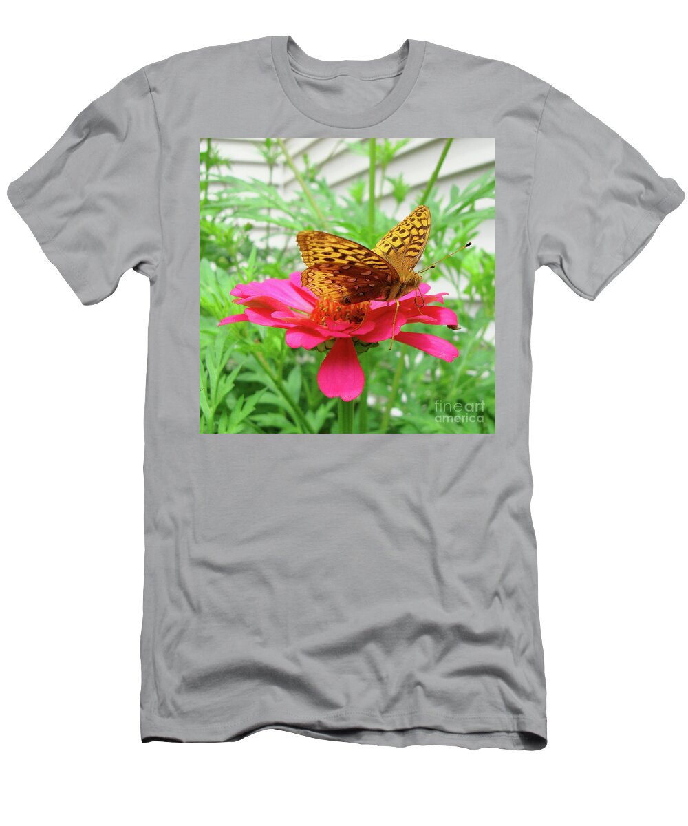 Great Spangled Fritillary T-Shirt featuring the photograph Great Spangled Fritillary and Zinnia 4 by Amy E Fraser
