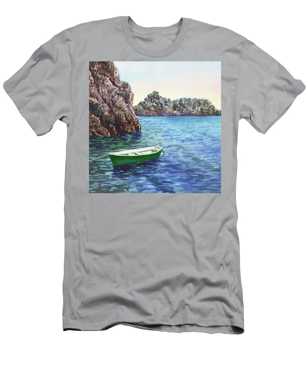Green Boat T-Shirt featuring the painting Green Boat Blue Sea Safe Harbor Watercolor by Irina Sztukowski