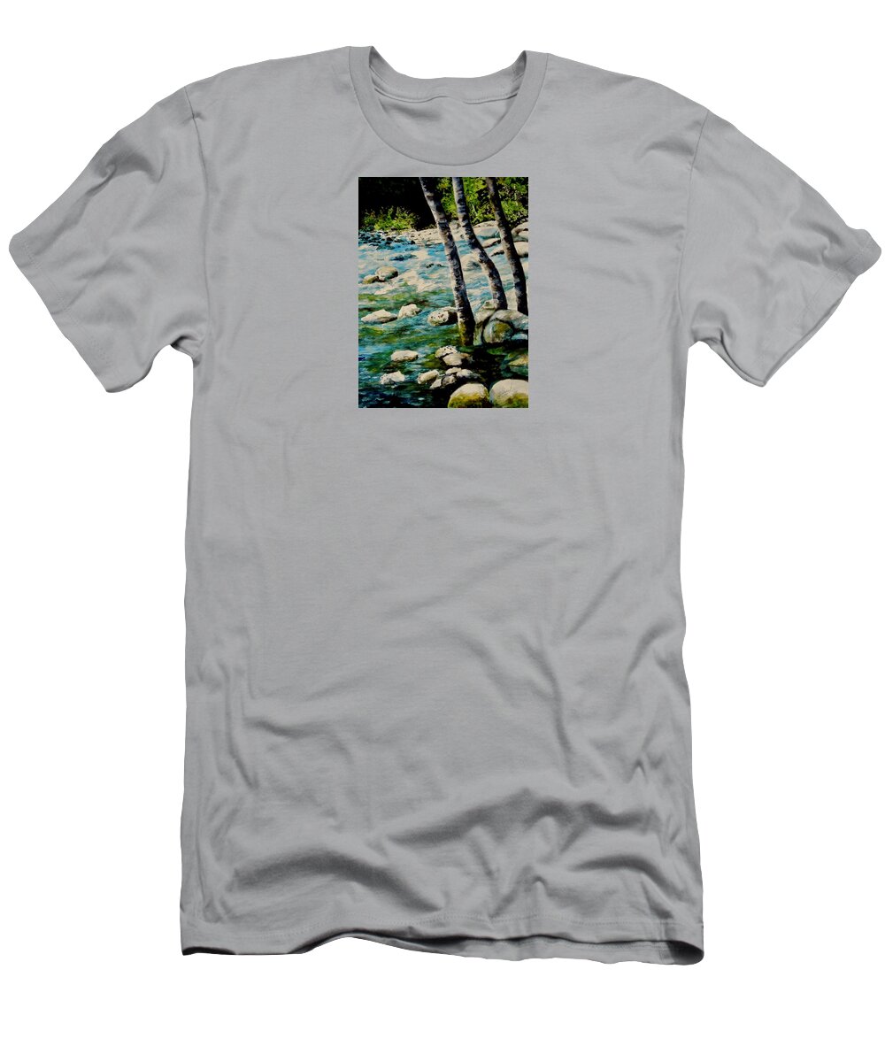 Rocky Waterfall T-Shirt featuring the painting Gushing Waters by Sher Nasser