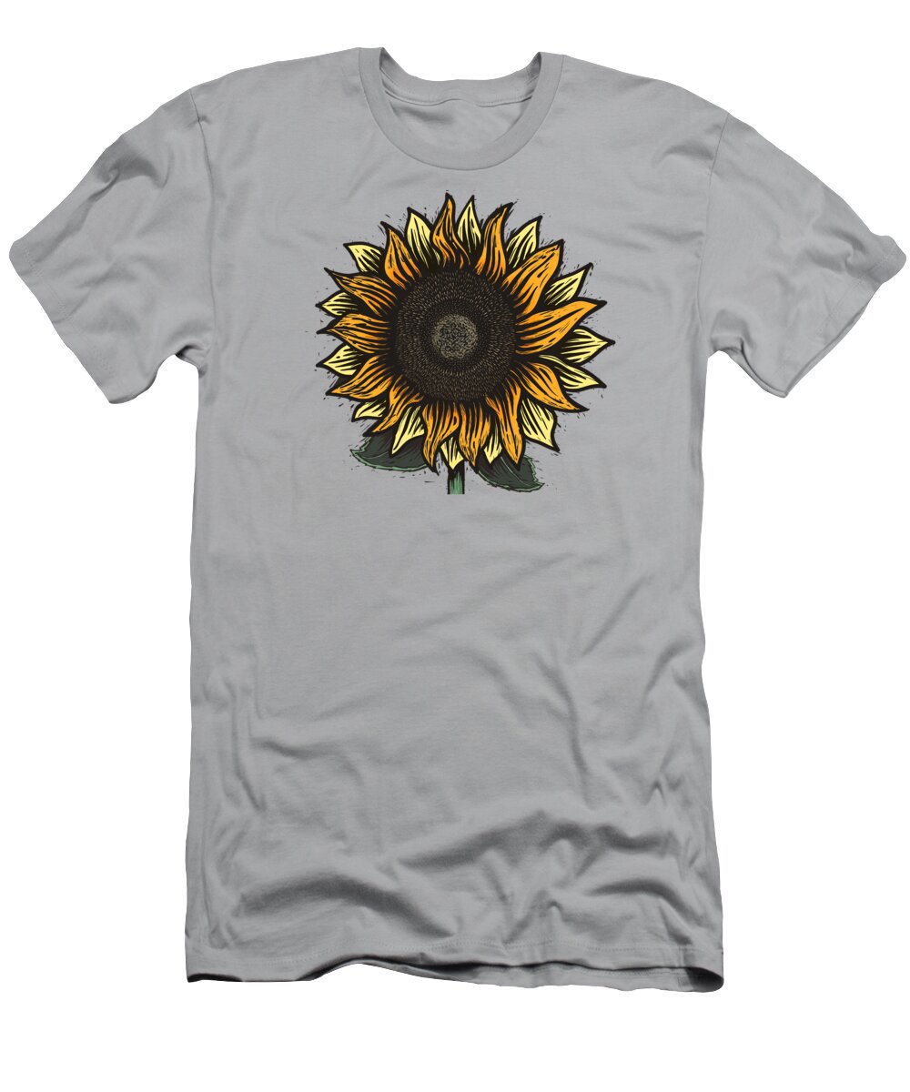 Sun T-Shirt featuring the painting Here Comes The Sunflower Woodcut by Little Bunny Sunshine