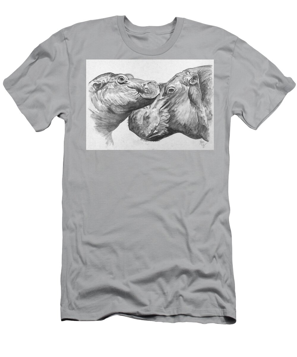 Hippo T-Shirt featuring the painting Hippo Love Black and White by Mark Ray