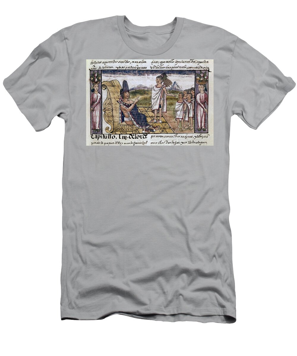 Diego Duran T-Shirt featuring the drawing History Of The Indies, New Spain - Moctezuma. Diego Duran . by Diego Duran -1537-1588-