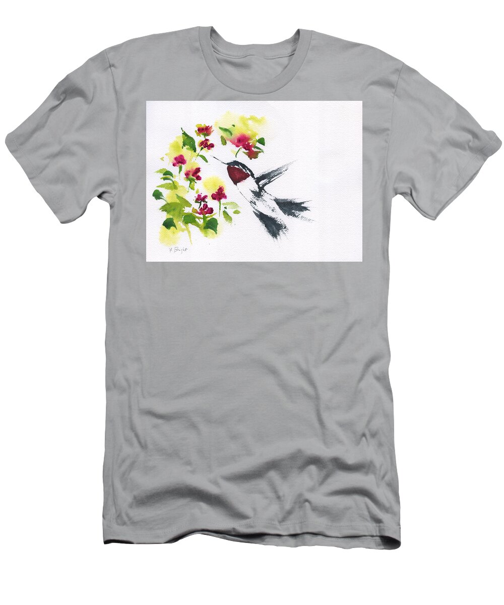 Hummingbird And Flowers T-Shirt featuring the painting Hummingbird and Flowers by Frank Bright