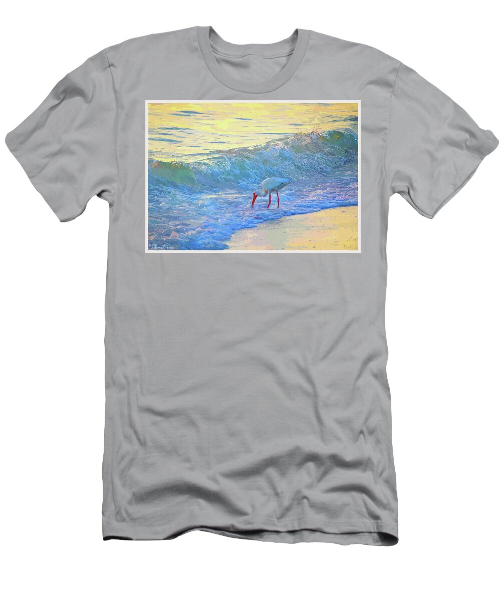 Susan Molnar T-Shirt featuring the photograph Ibis in Gold and Purple Surf 2 by Susan Molnar