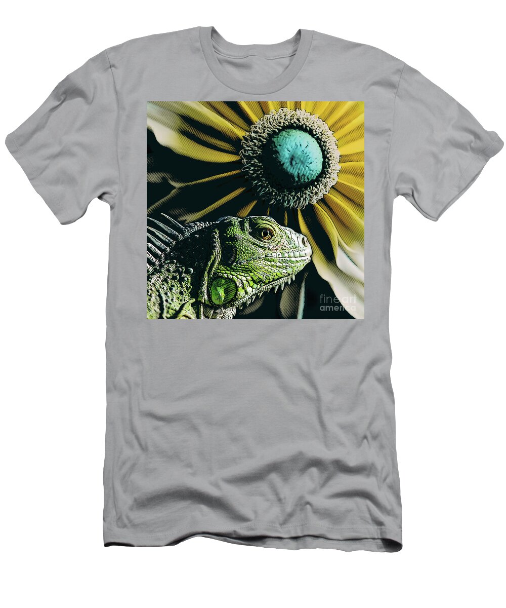 Plant T-Shirt featuring the digital art Iguana And Sunflower by Phil Perkins