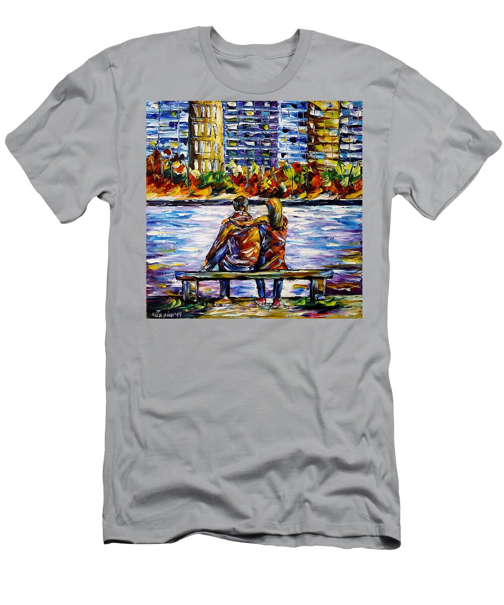 People In Autumn T-Shirt featuring the painting In Front Of Big City by Mirek Kuzniar