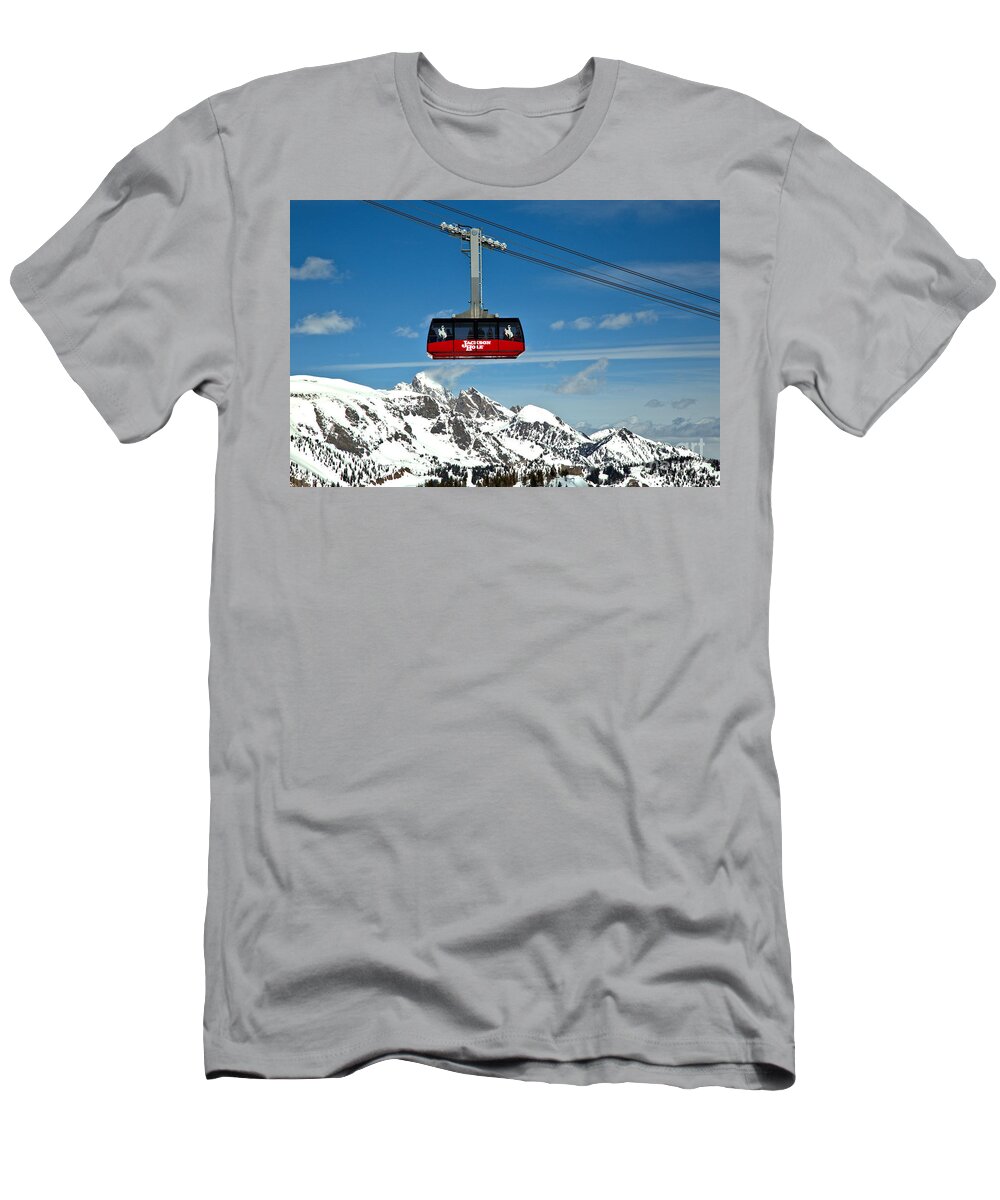 Jackson Hole Tram T-Shirt featuring the photograph Jackson Hole Tram Over The Snow Caps by Adam Jewell
