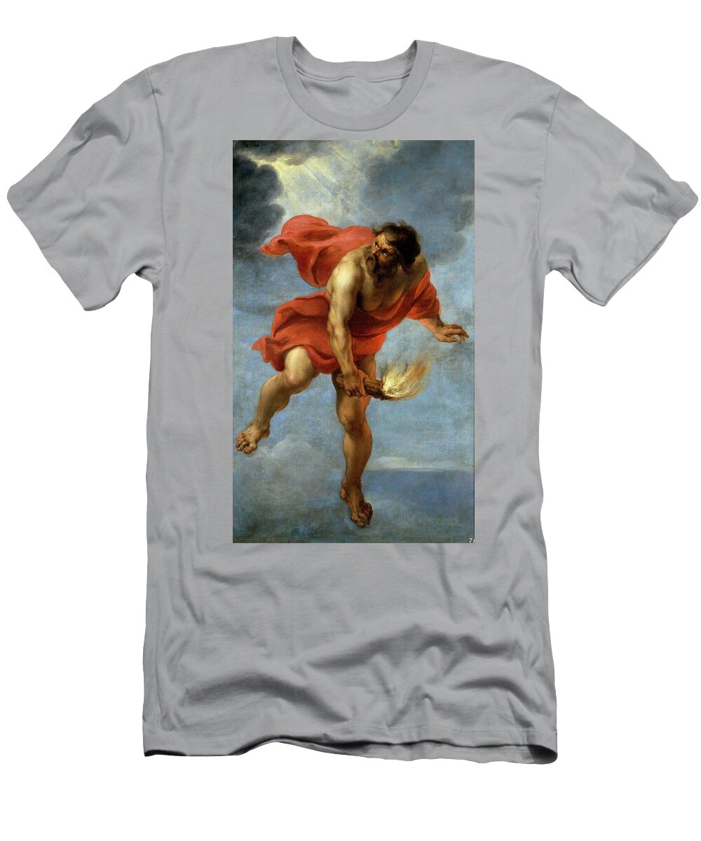 Jan Cossiers T-Shirt featuring the painting Jan Cossiers / 'Prometheus Carrying Fire', 1637, Flemish School. by Jan Cossiers -1600-1671-
