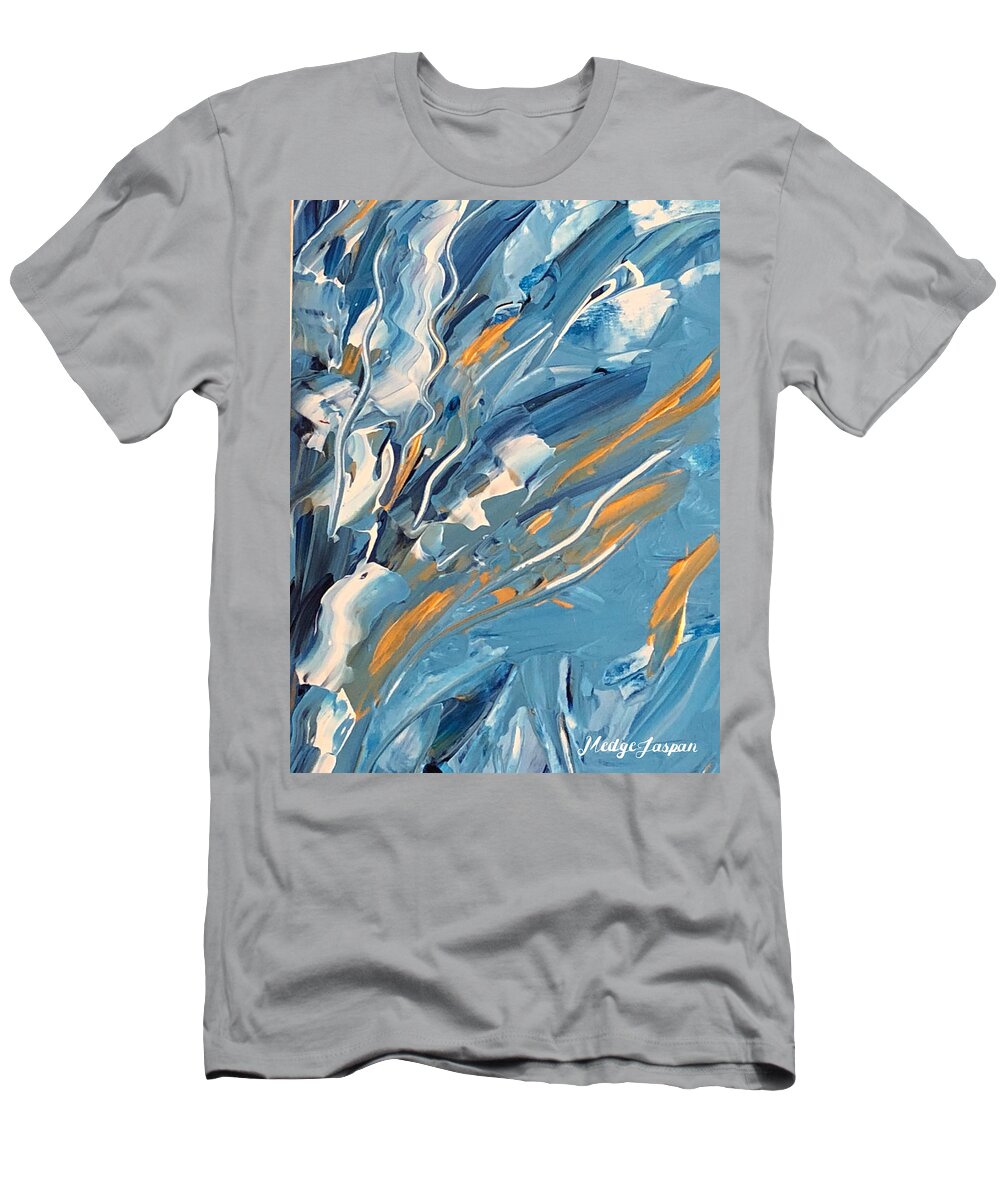 Garden Blue Gold Sea. Sky T-Shirt featuring the painting Jardin bleu by Medge Jaspan