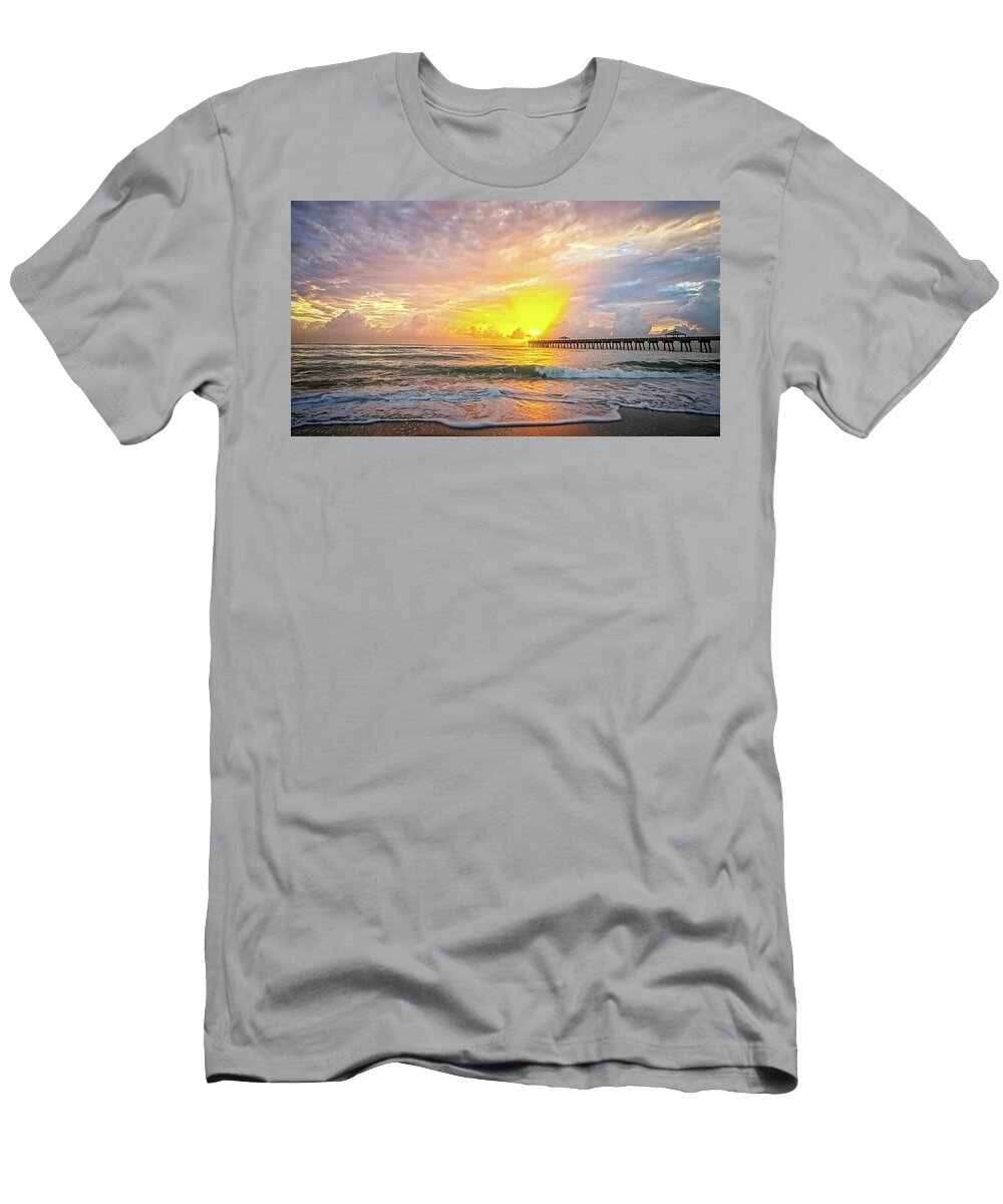 Beach T-Shirt featuring the photograph Juno Beach Pier Sunrise 2 by Steve DaPonte
