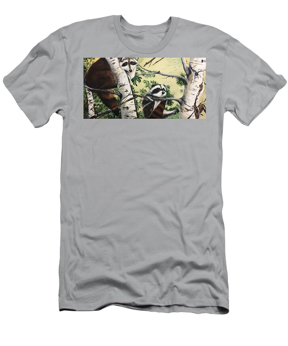 Raccoon T-Shirt featuring the painting Just Hanging in There by Sharon Duguay