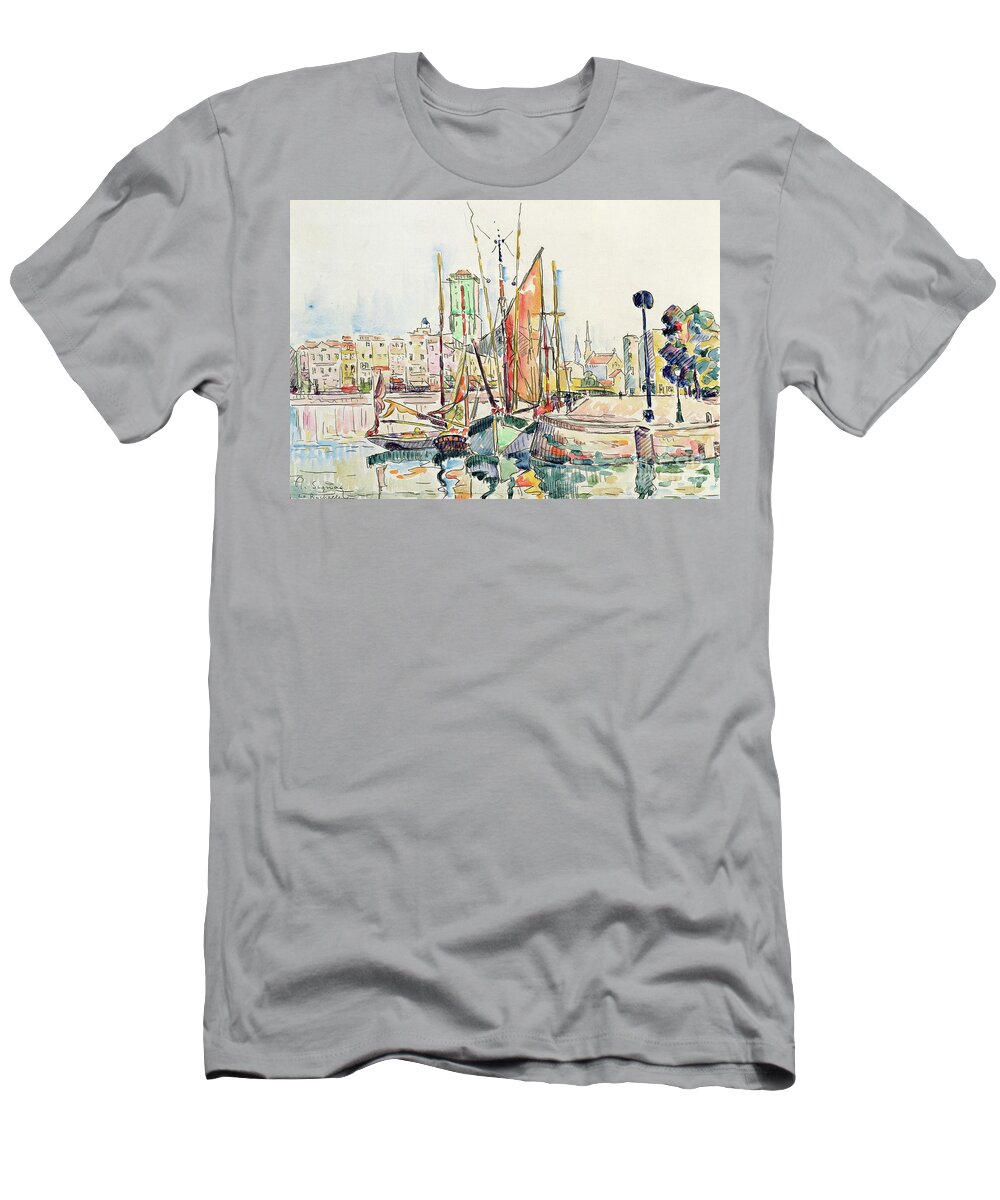 Harbor T-Shirt featuring the painting La Rochelle Boats and Houses by Paul Signac