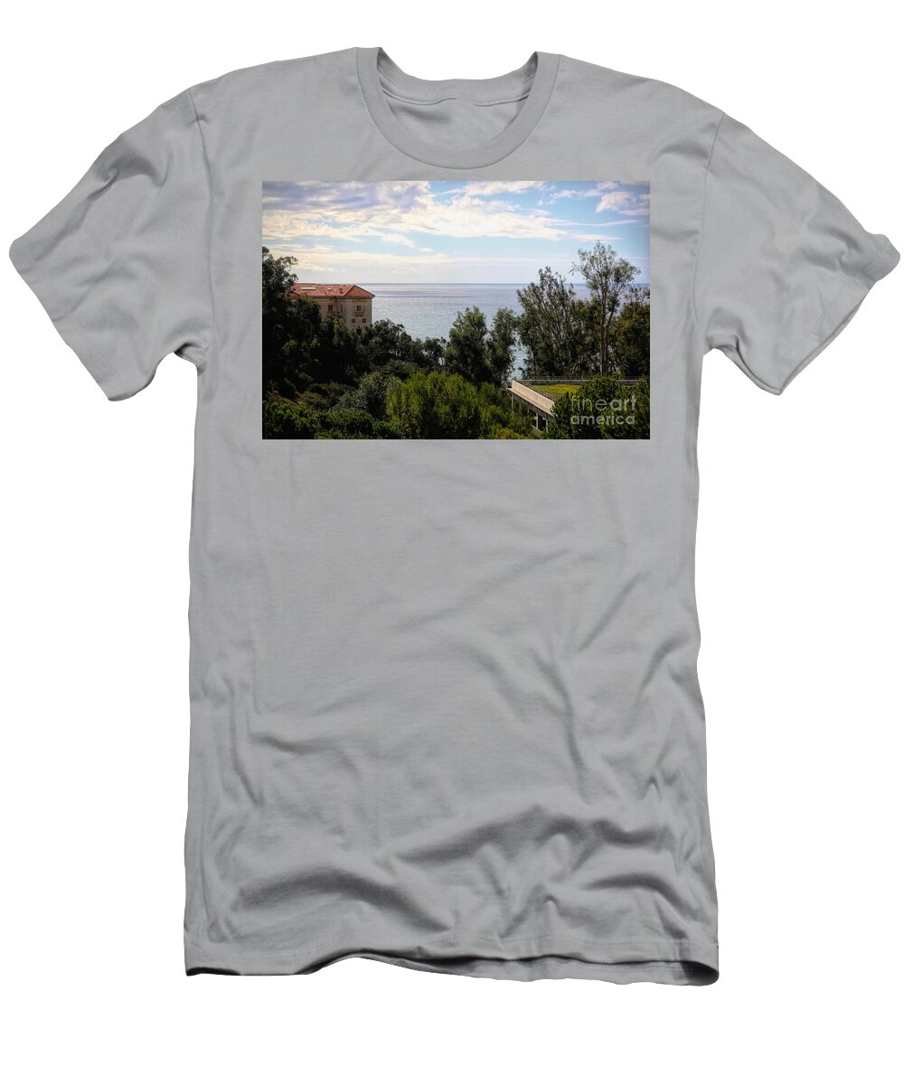 J.p. Getty T-Shirt featuring the photograph Landscape View Pacific Ocean Getty Villa by Chuck Kuhn