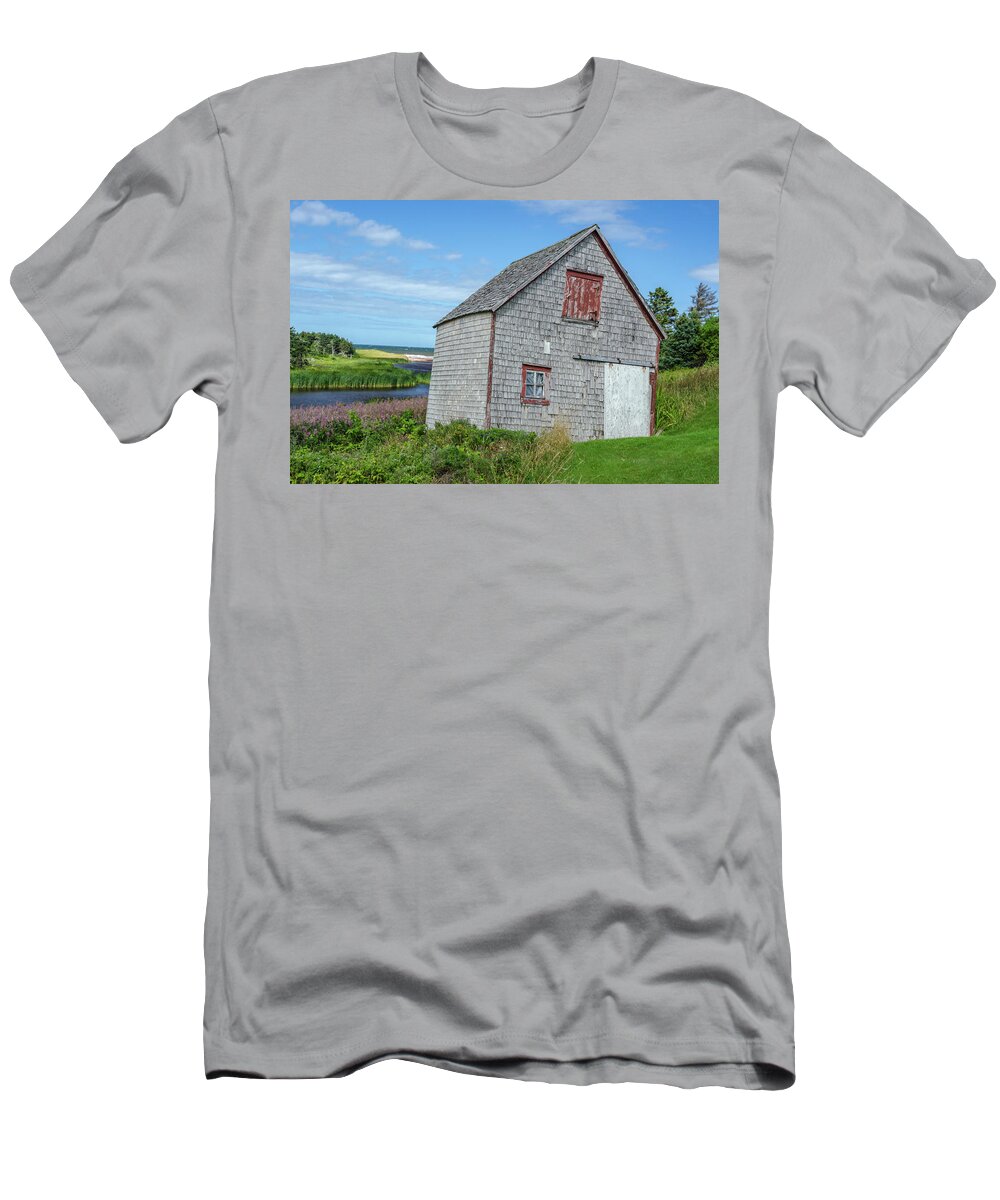 Priest Pond T-Shirt featuring the photograph Leaning Maritime Barn by Douglas Wielfaert