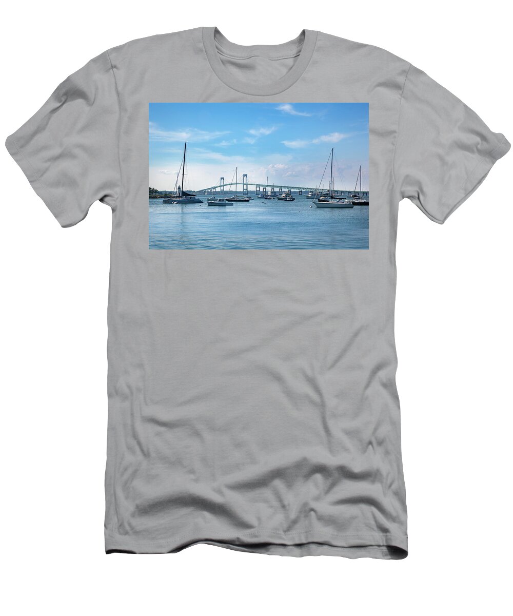Estock T-Shirt featuring the digital art Lighthouse & Bridge, Newport, Ri by Lumiere
