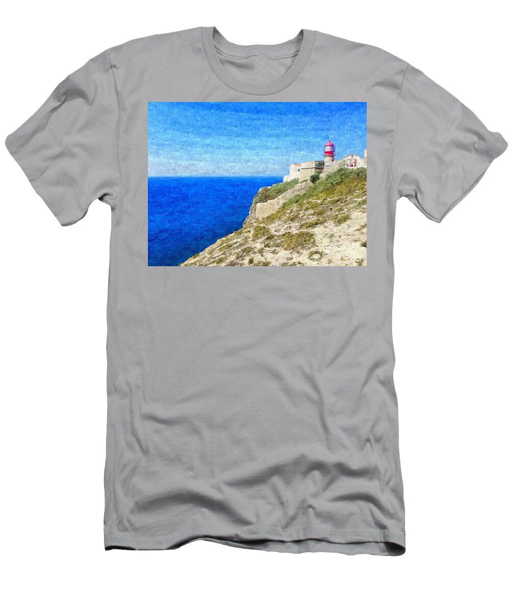Art T-Shirt featuring the photograph Lighthouse on top of a cliff overlooking the blue ocean on a sunny day, painted in oil on canvas. by Joaquin Corbalan