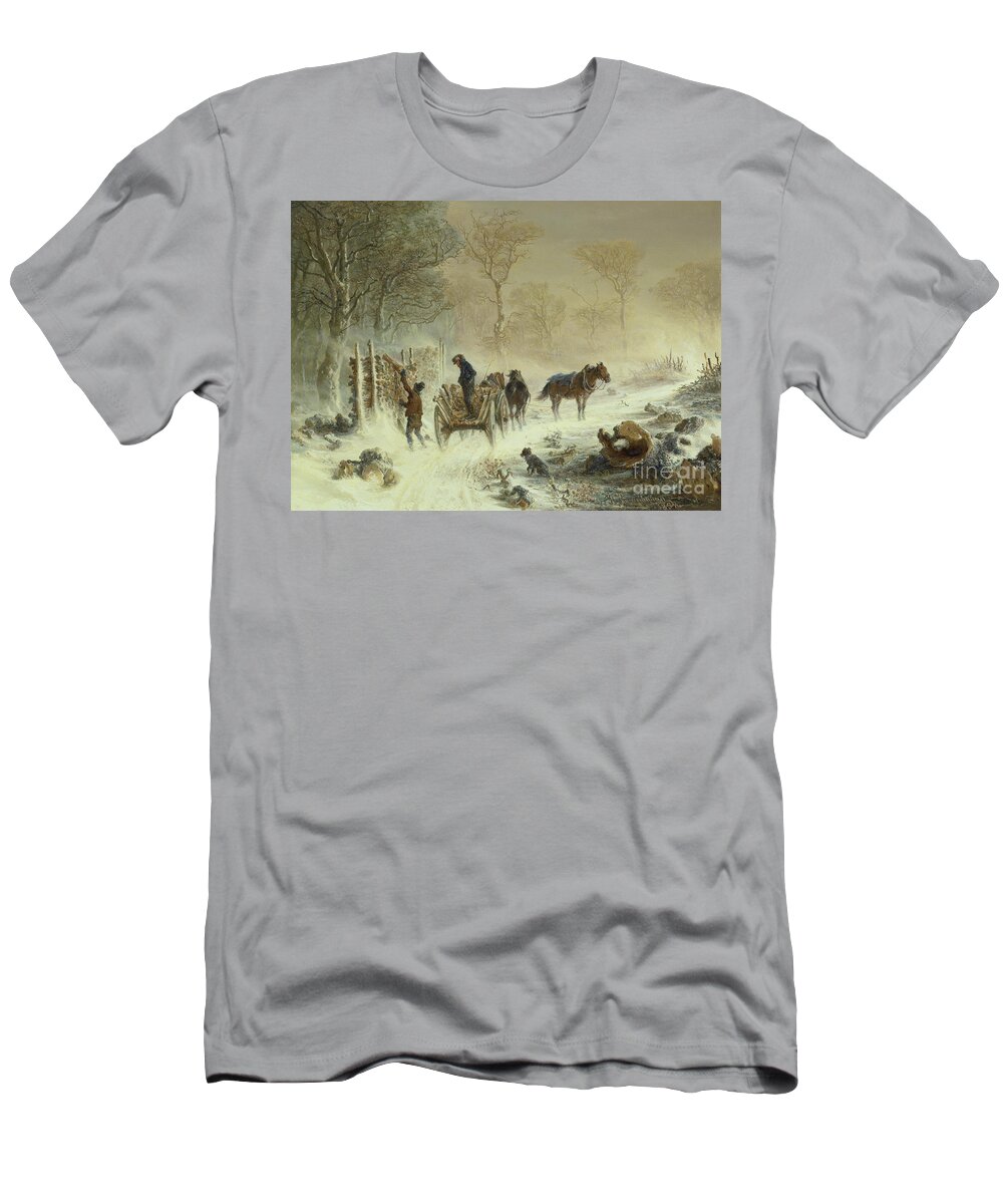 Snow Storm T-Shirt featuring the painting Loading Wood in the Snow, 1858 by Hermann Kauffmann