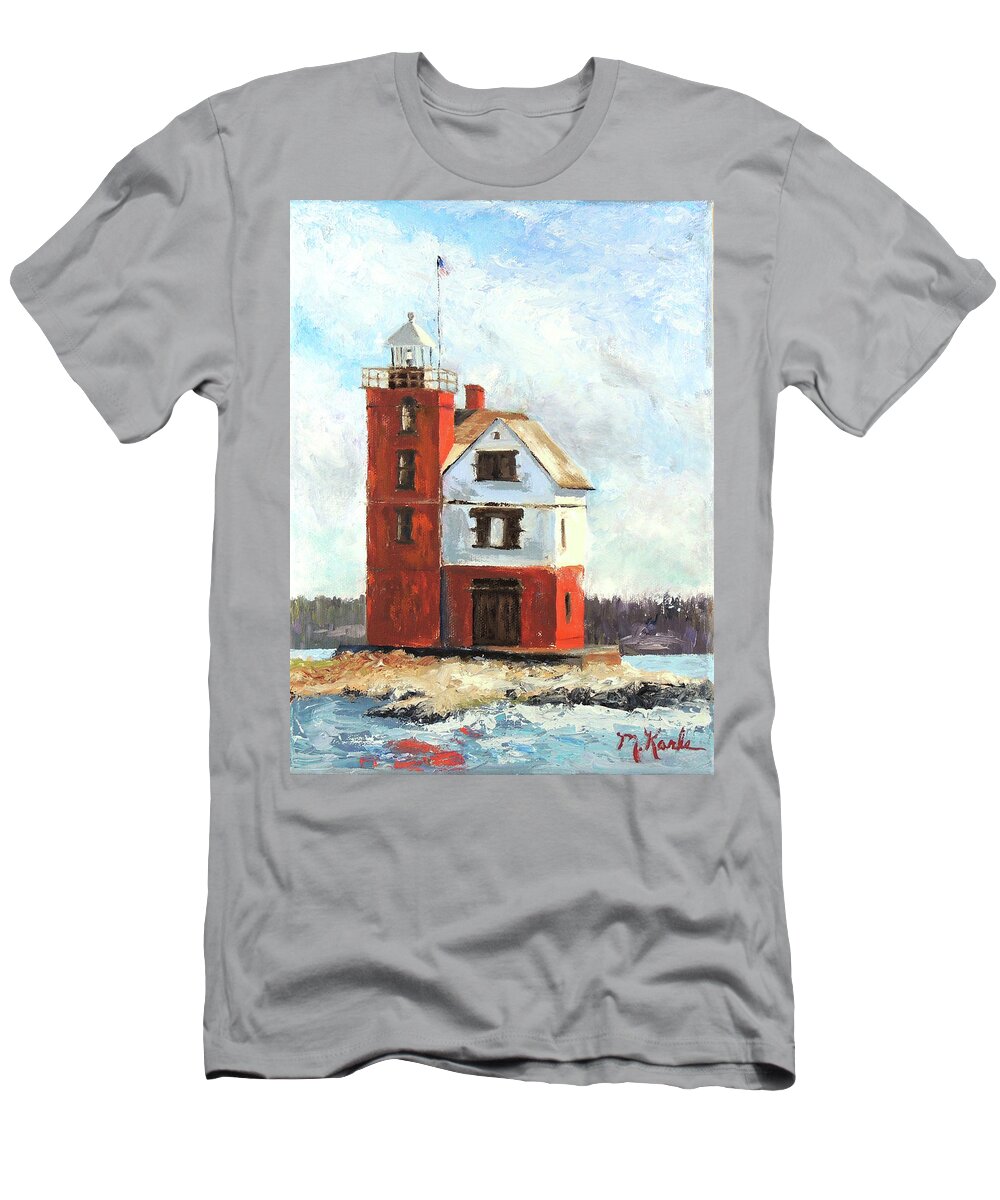 Lighthouse T-Shirt featuring the painting Mackinac Island Lighthouse by Marsha Karle