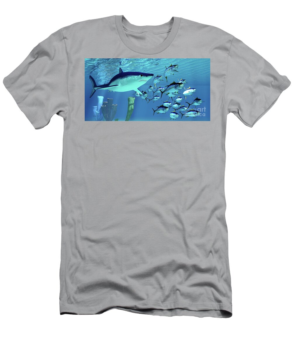 Maco Shark T-Shirt featuring the digital art Mako Shark after Yellowfin Tuna by Corey Ford