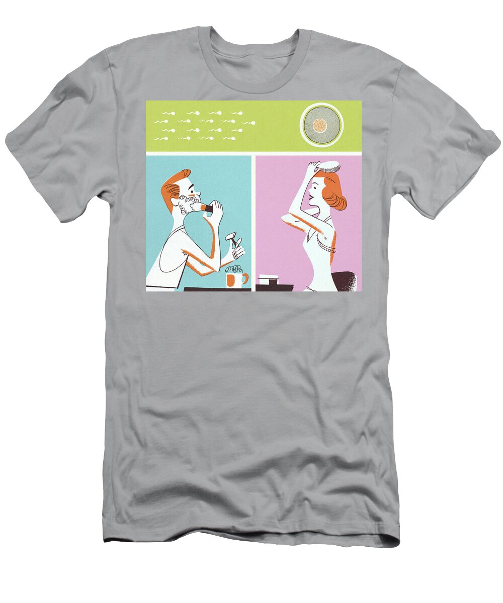 Adult T-Shirt featuring the drawing Man and Woman Primping and Sperm and Egg by CSA Images