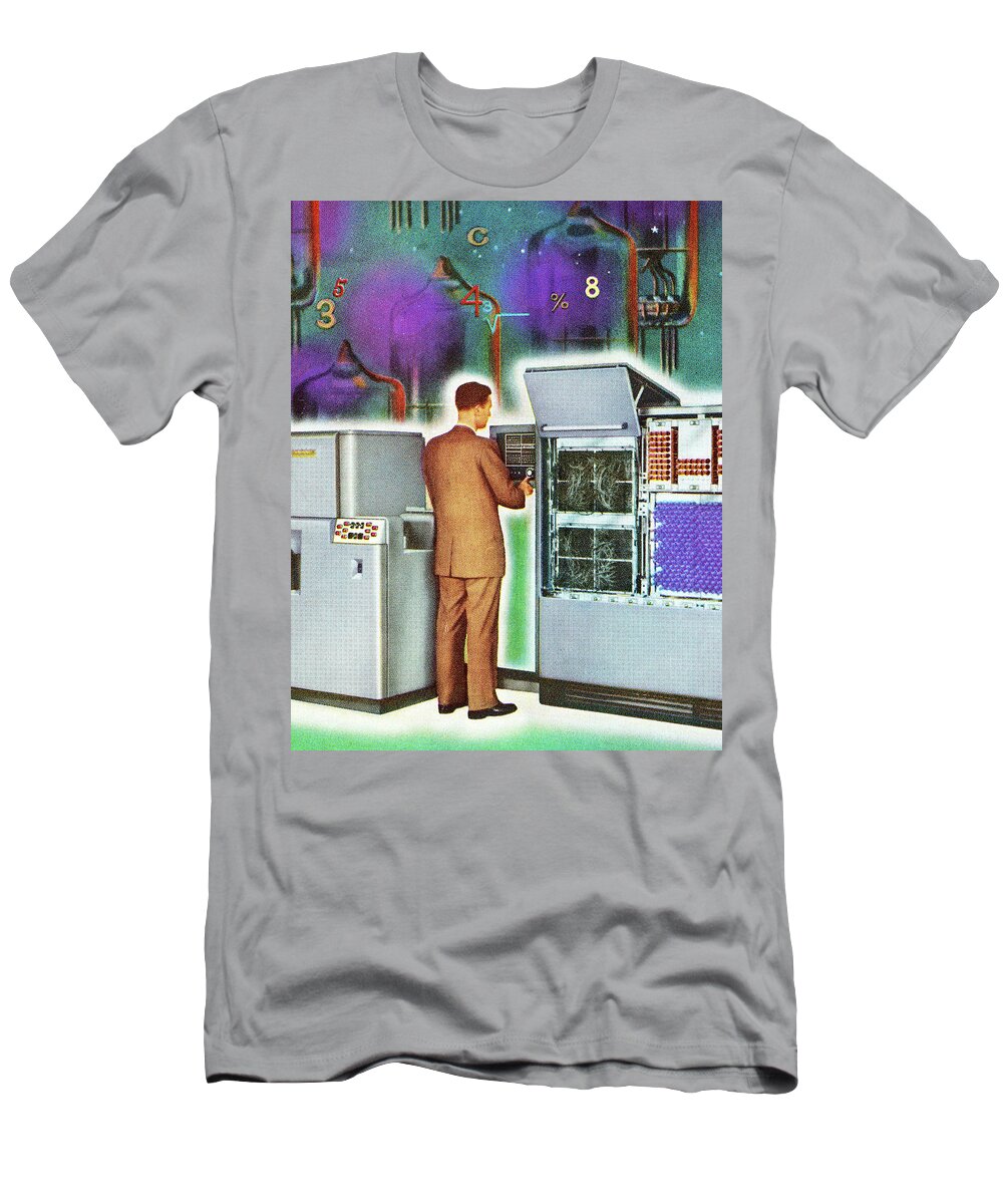Adult T-Shirt featuring the drawing Man Working at Vintage Computer by CSA Images