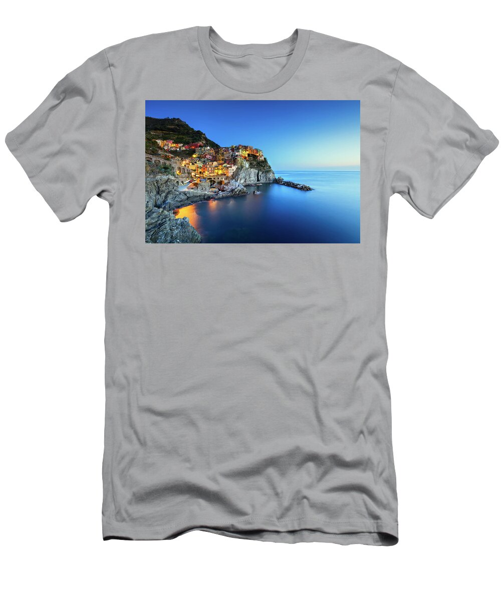 Manarola T-Shirt featuring the photograph Manarola Blue Hour by Stefano Orazzini