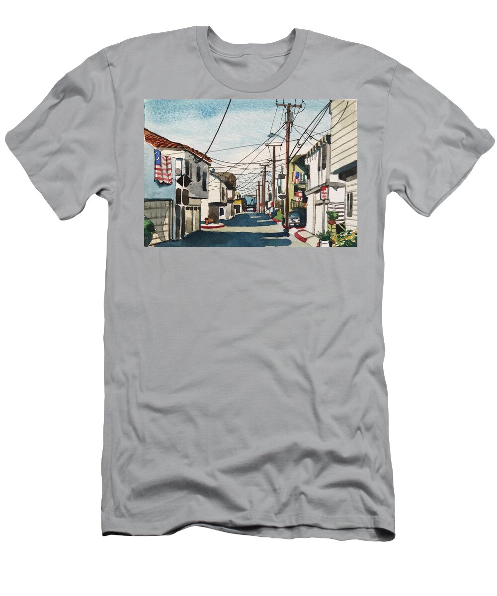 Manhattan Beach T-Shirt featuring the painting Manhattan Beach Cables Galore by Luisa Millicent