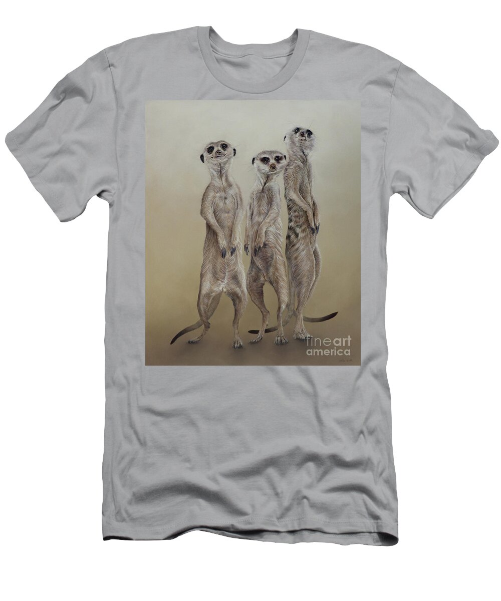 Wildlife T-Shirt featuring the painting Meerkat mob, sun angels by Odile Kidd