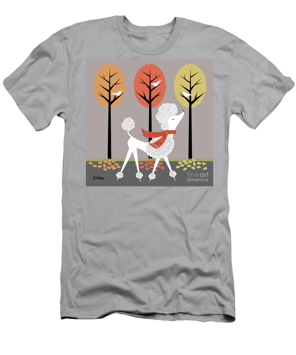 Spoo T-Shirt featuring the digital art Mid Century White Poodle Fall by Donna Mibus