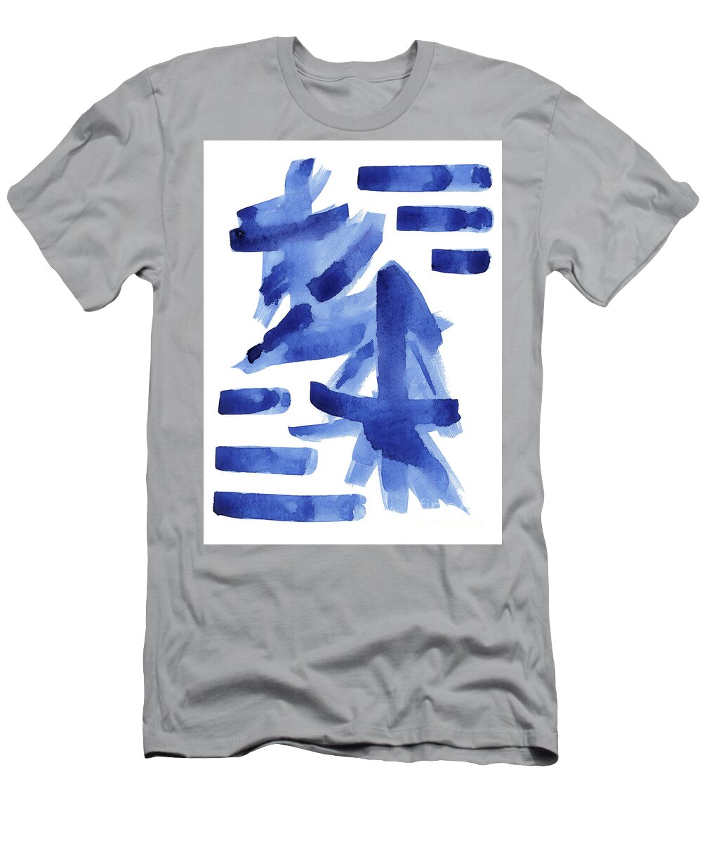 Asian T-Shirt featuring the painting Modern Asian Inspired Abstract Blue and White by Audrey Jeanne Roberts