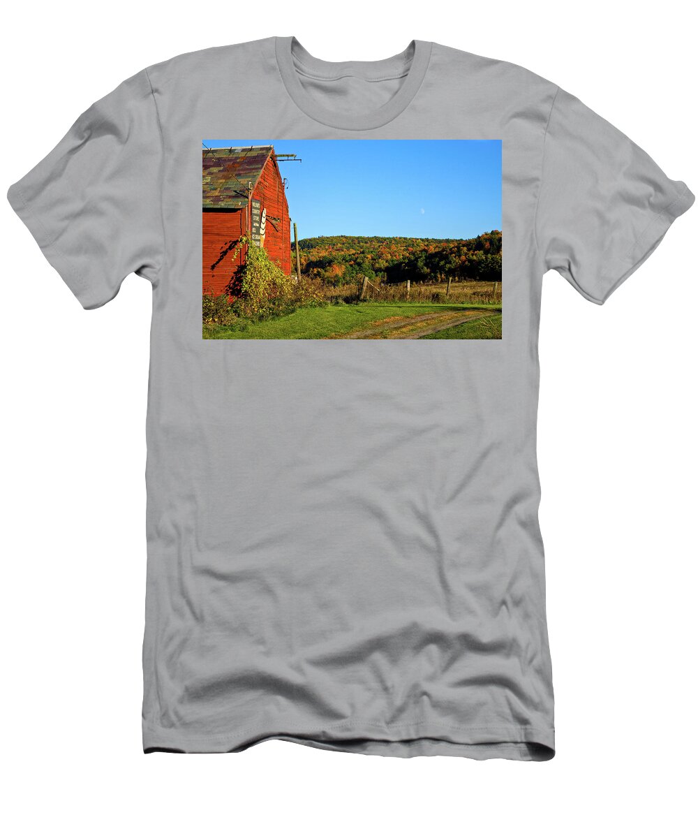 Vermont Red Barn T-Shirt featuring the photograph Moon rise over Vermont foliage on the farm by Jeff Folger