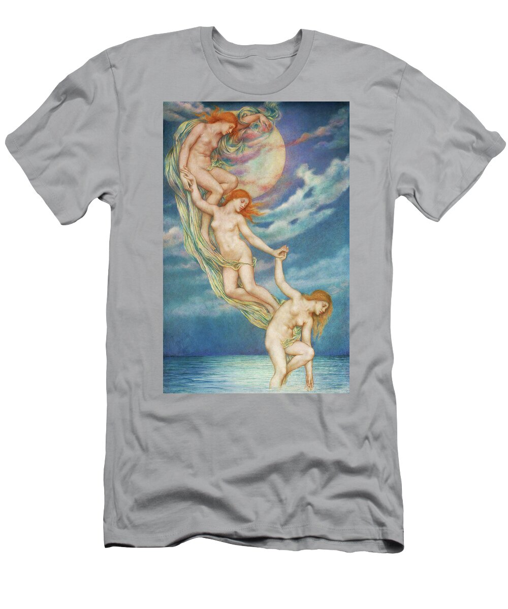 Evelyn De Morgan T-Shirt featuring the painting Moonbeams Dipping into the Sea, 1914 by Evelyn De Morgan