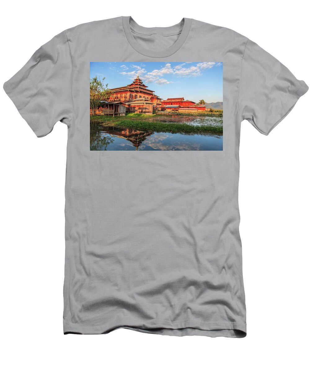 Estock T-Shirt featuring the digital art Myanmar, Shan, Inle Lake, Nyaungshwe, Nyaung Shwe, The Hpaung Daw U Pagoda On Lake Inle by Stefano Brozzi