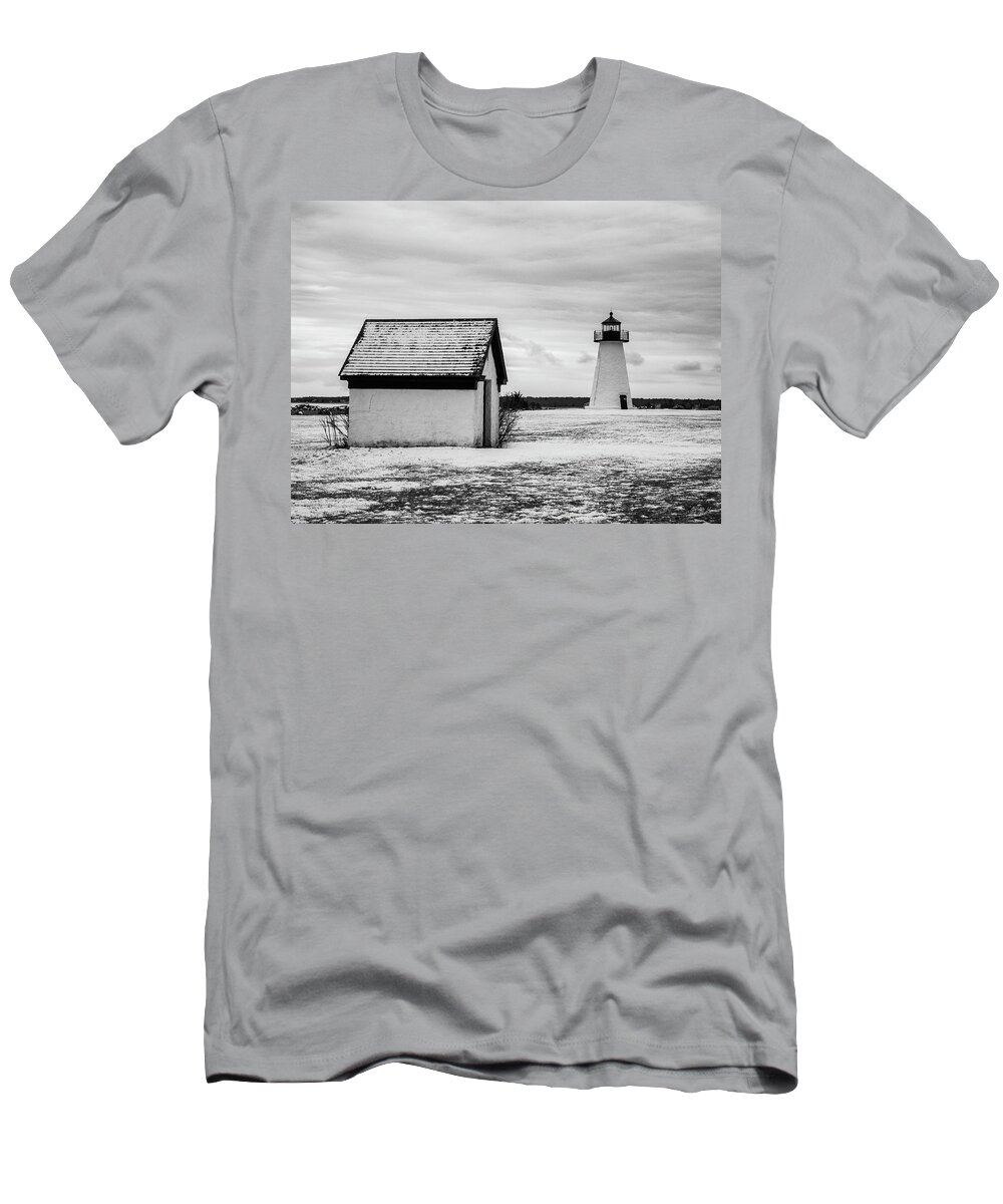 Ned Point Lighthouse T-Shirt featuring the photograph Neds Point Lighthouse Mattapoisett MA BW by David Gordon