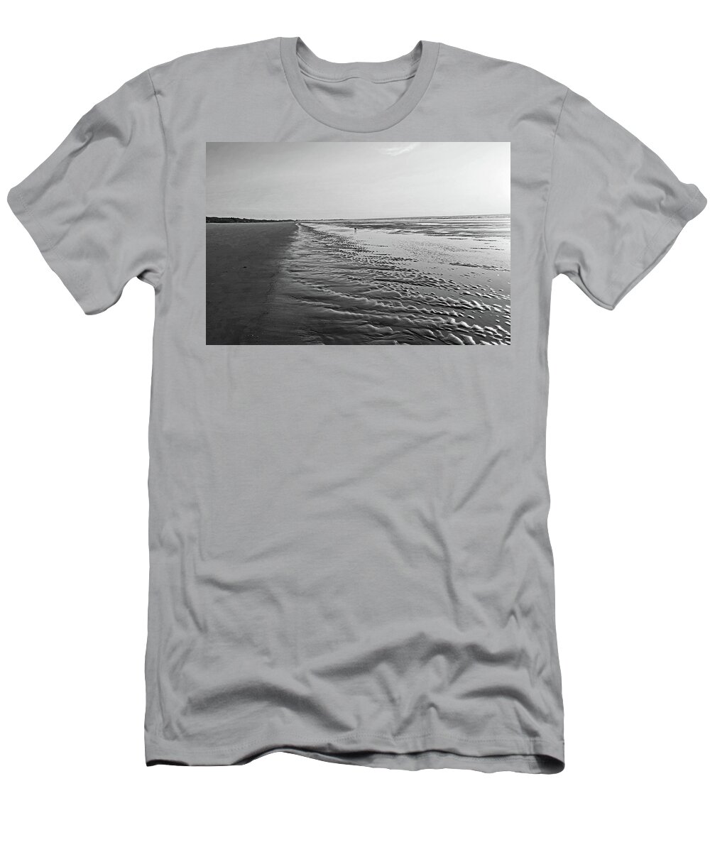 Ogunquit T-Shirt featuring the photograph Ogunquit Beach Sand Patterns Ogunquit Maine Sunrise Black and White by Toby McGuire