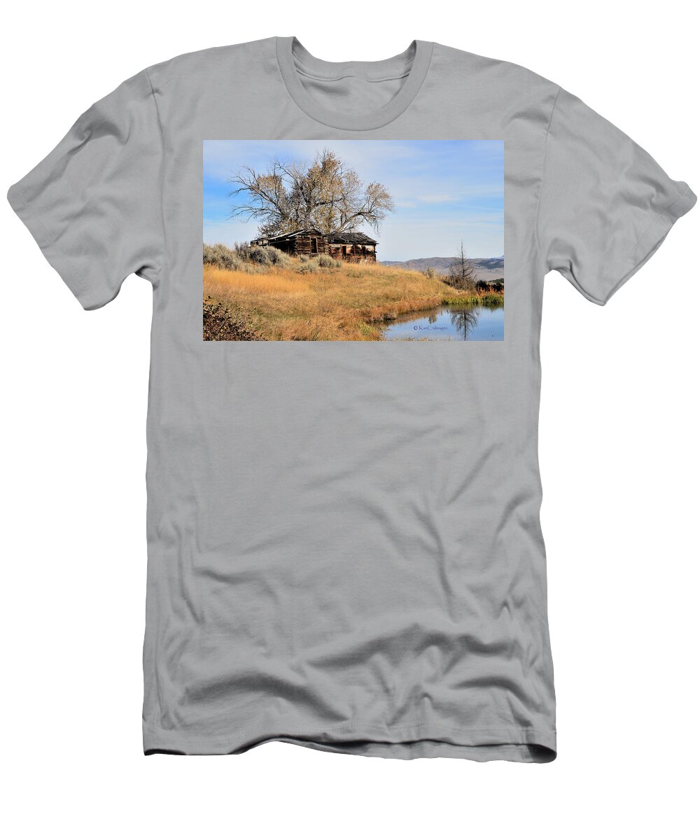 Old Log House T-Shirt featuring the photograph Old Homestead by Pond by Kae Cheatham