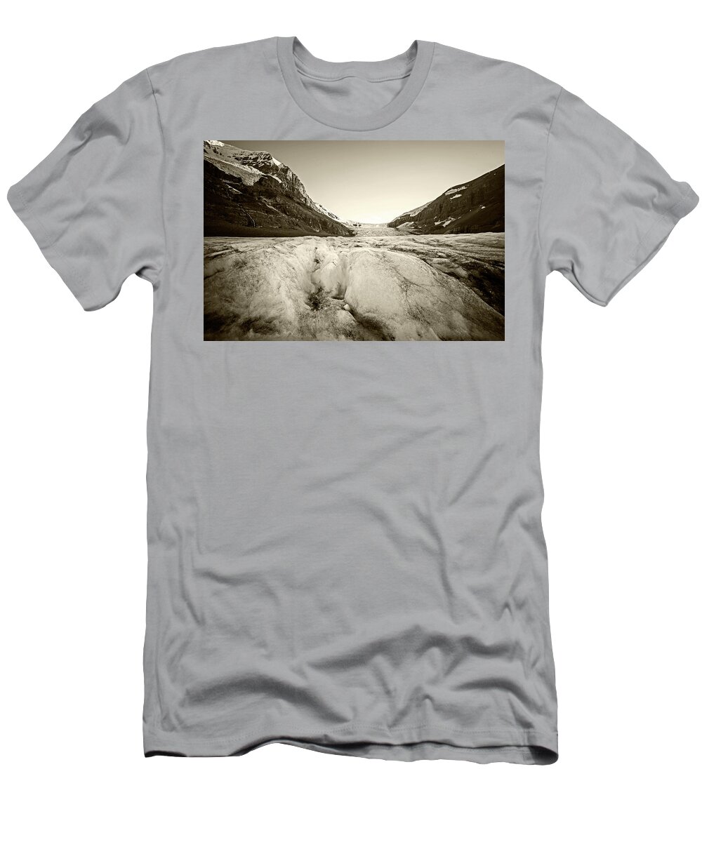 Banff T-Shirt featuring the photograph On Athabasca Glacier at Glacier National Park Columbia-Shuswap A, BC, Canada Icy Sepia by Toby McGuire